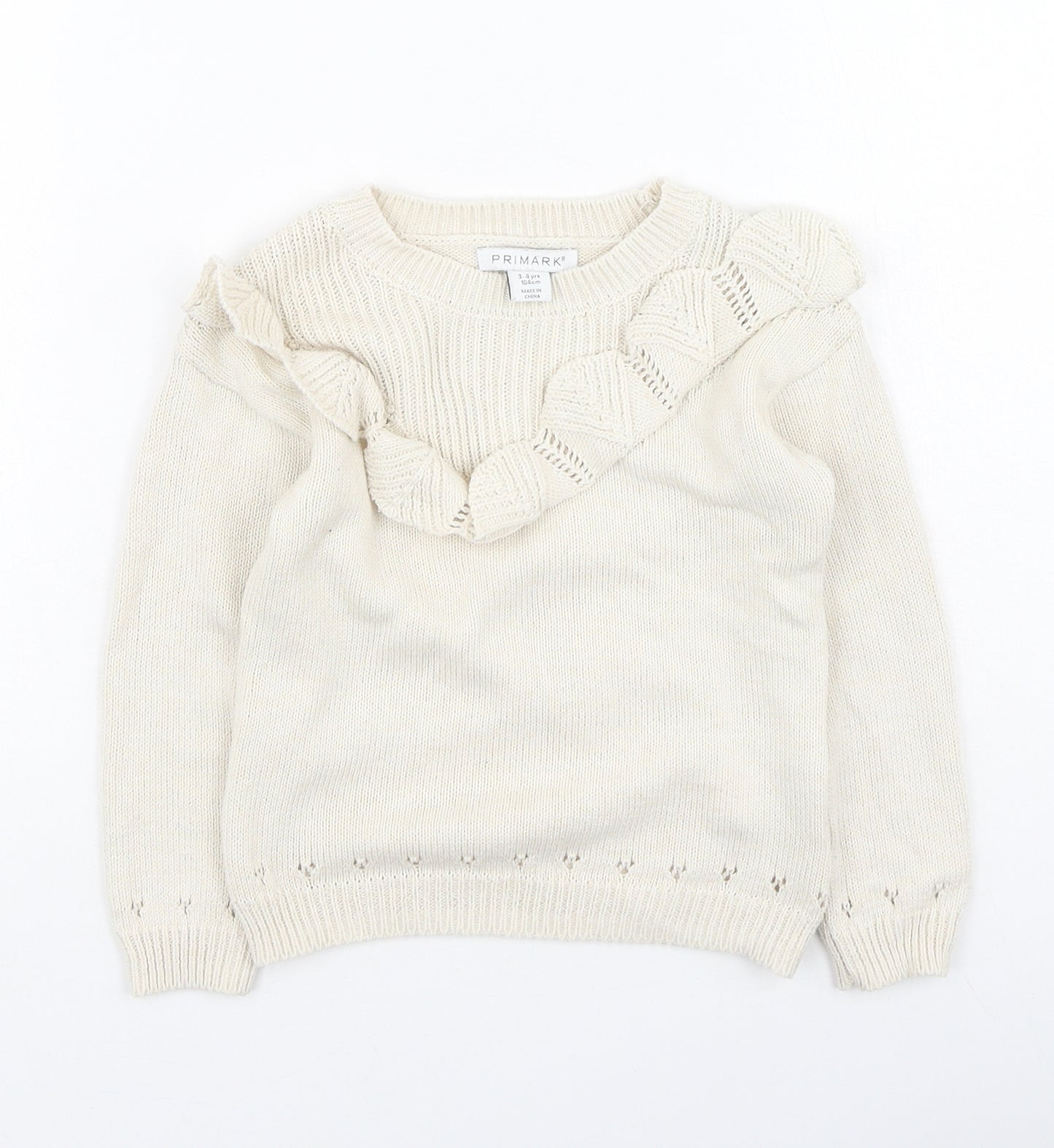 Primark Girls Beige Round Neck  Cotton Pullover Jumper Size 3-4 Years