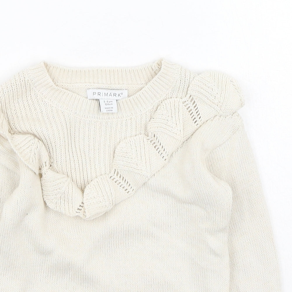 Primark Girls Beige Round Neck  Cotton Pullover Jumper Size 3-4 Years