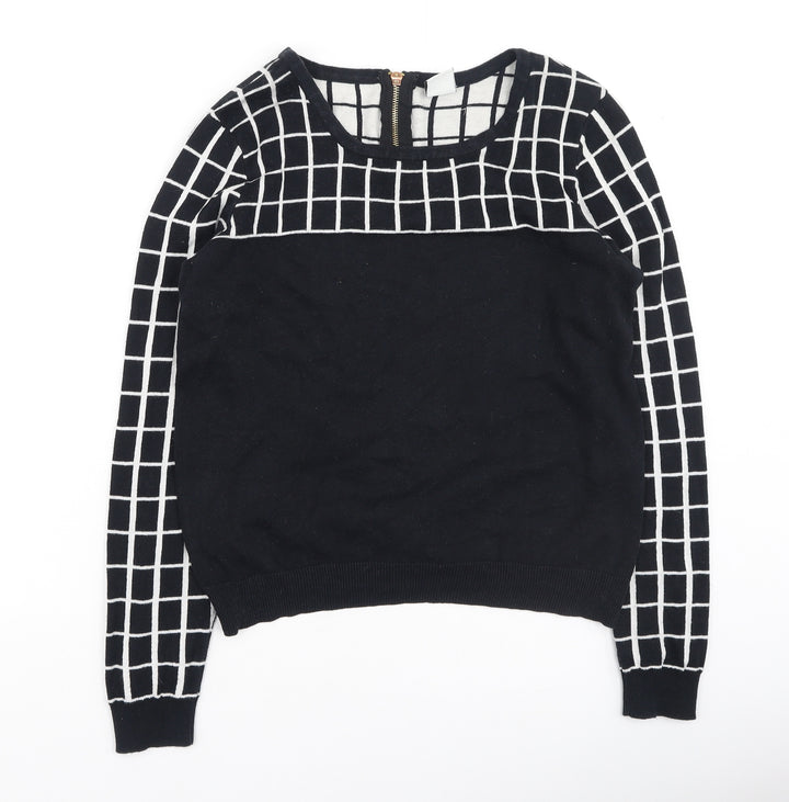 VERO MODA Womens Black Round Neck Check Cotton Pullover Jumper Size M