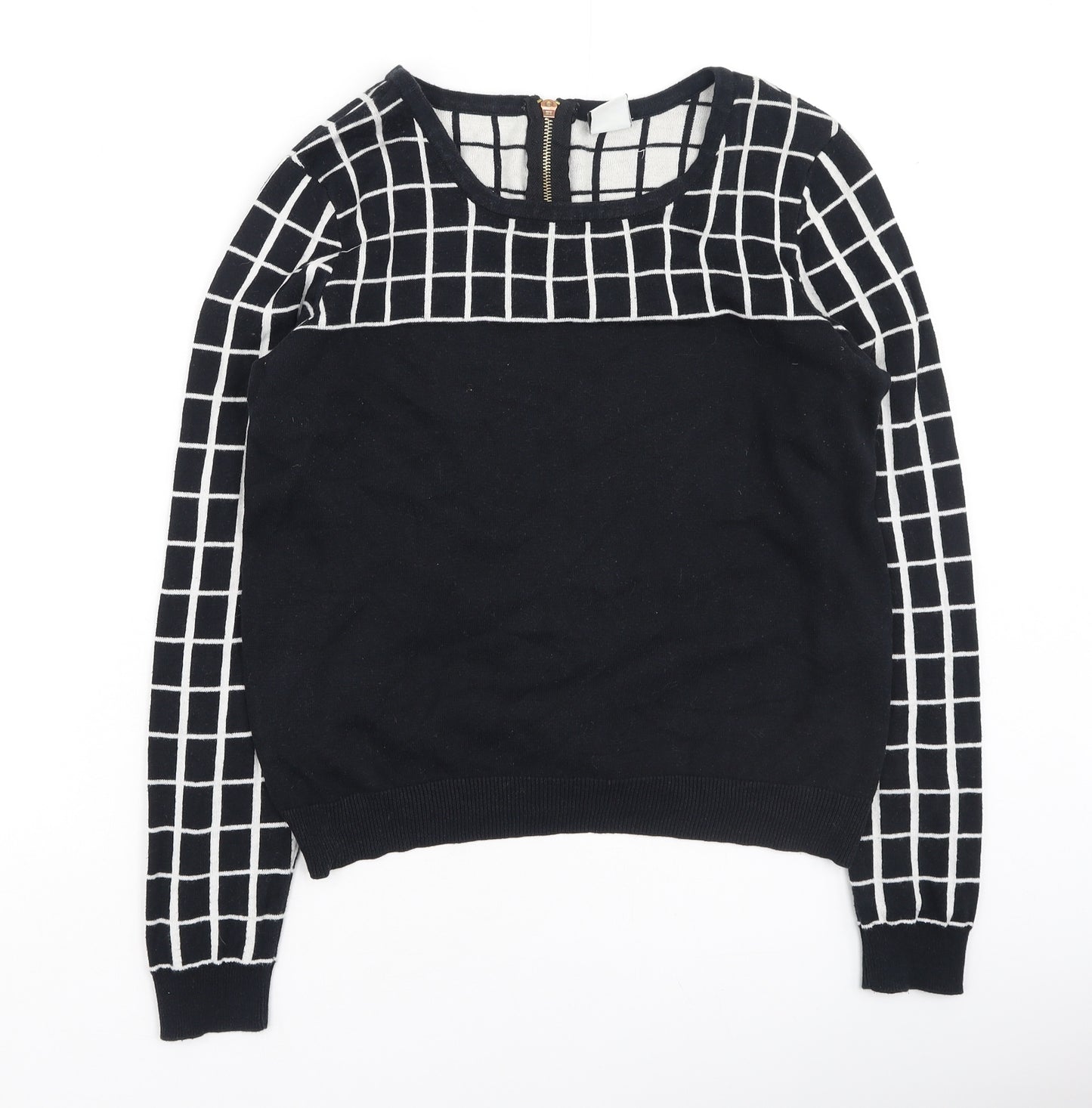 VERO MODA Womens Black Round Neck Check Cotton Pullover Jumper Size M
