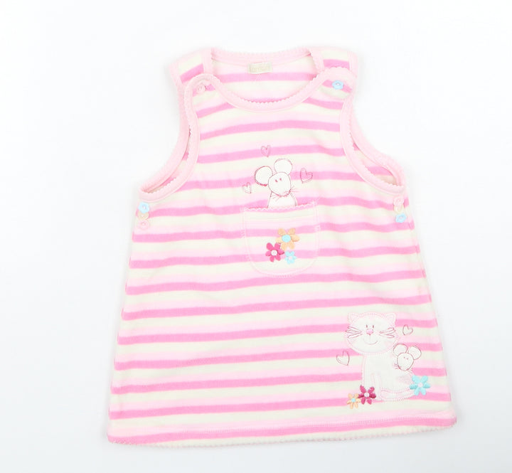 BHS Girls Pink Striped Cotton Fit & Flare  Size 6-9 Months  Round Neck