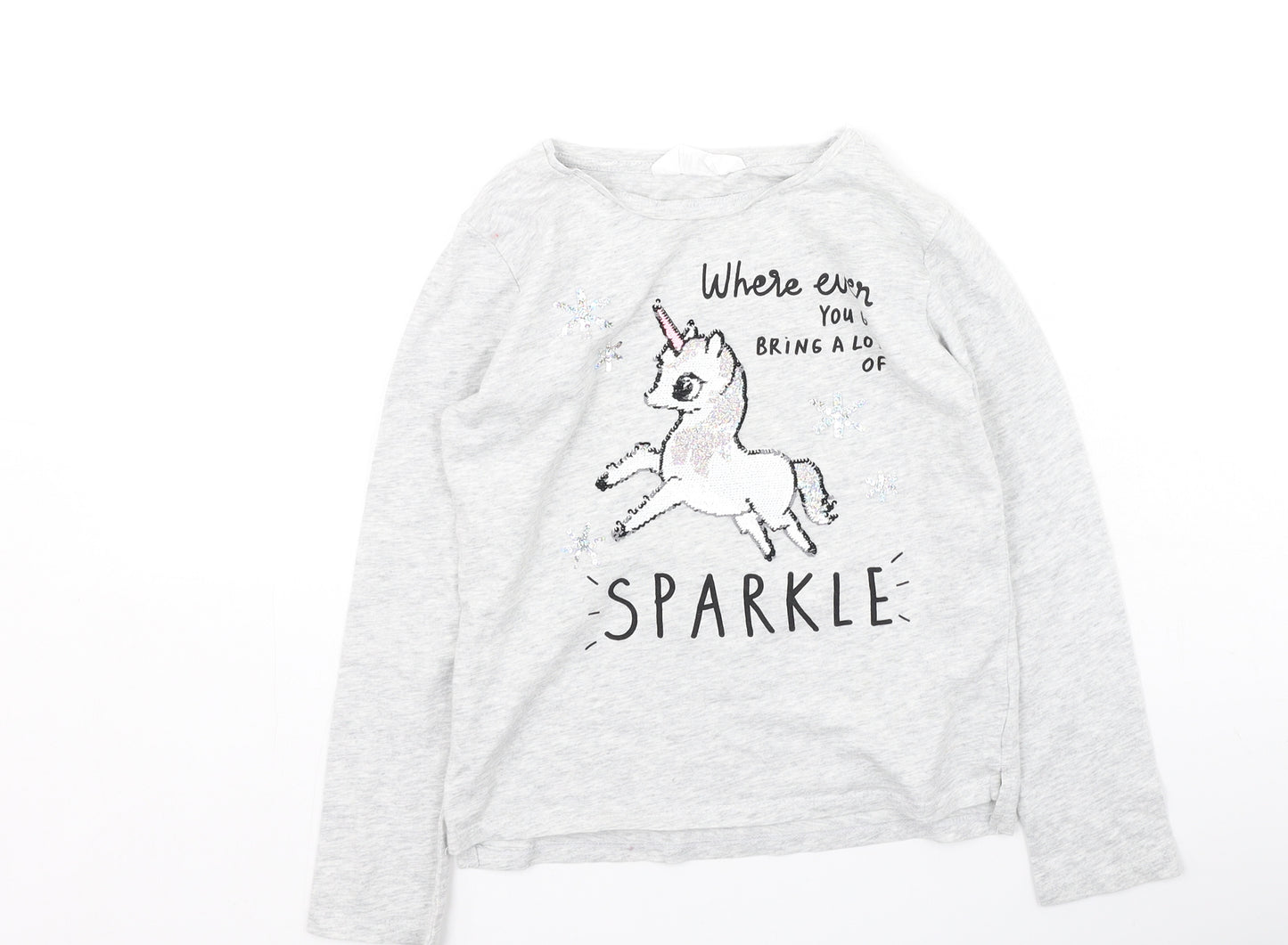H&M Girls Grey  Cotton Basic Casual Size 6-7 Years Round Neck  - Unicorn