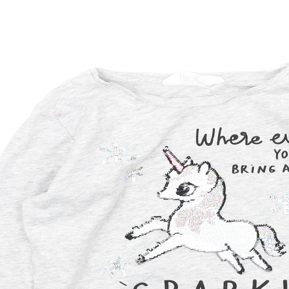 H&M Girls Grey  Cotton Basic Casual Size 6-7 Years Round Neck  - Unicorn