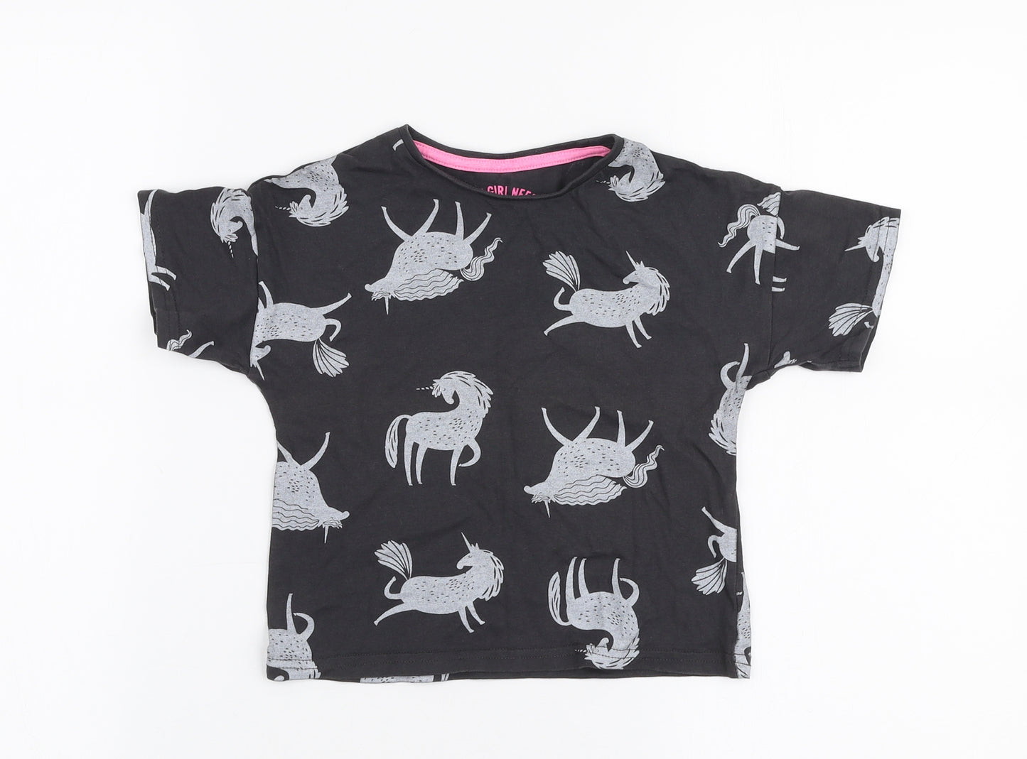 Matalan Girls Grey  100% Cotton Jersey T-Shirt Size 4 Years Round Neck Pullover - Unicorn