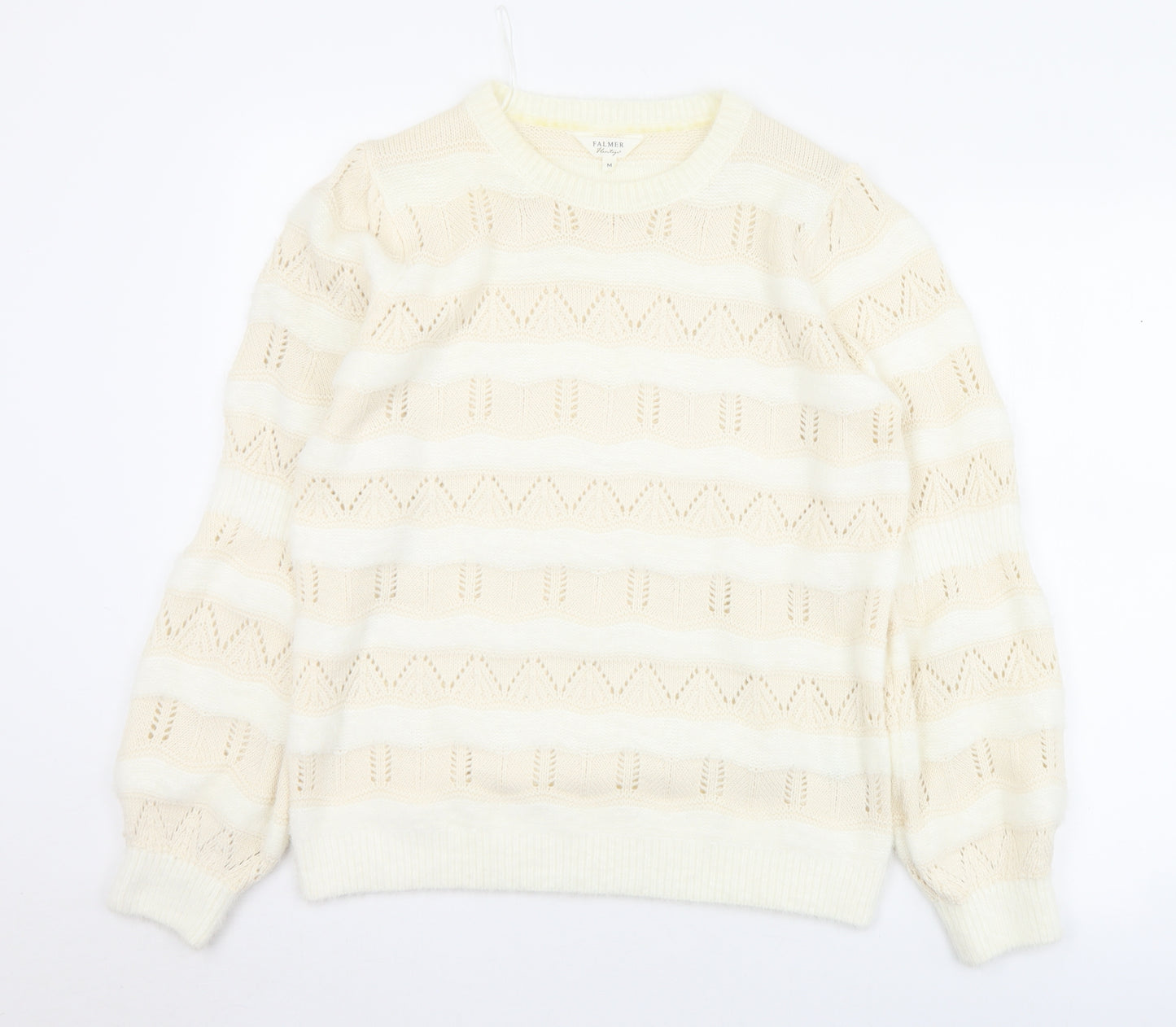 Matalan Womens White Crew Neck Striped Acrylic Pullover Jumper Size M