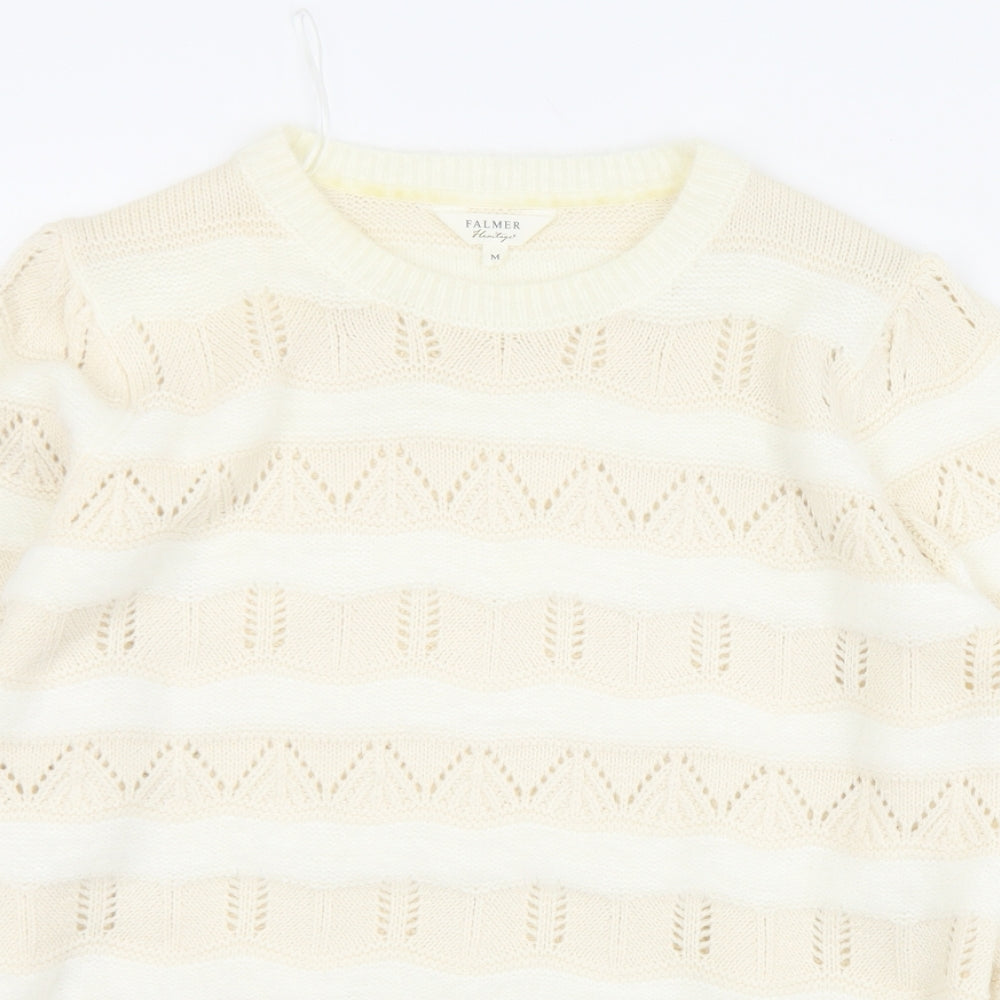 Matalan Womens White Crew Neck Striped Acrylic Pullover Jumper Size M