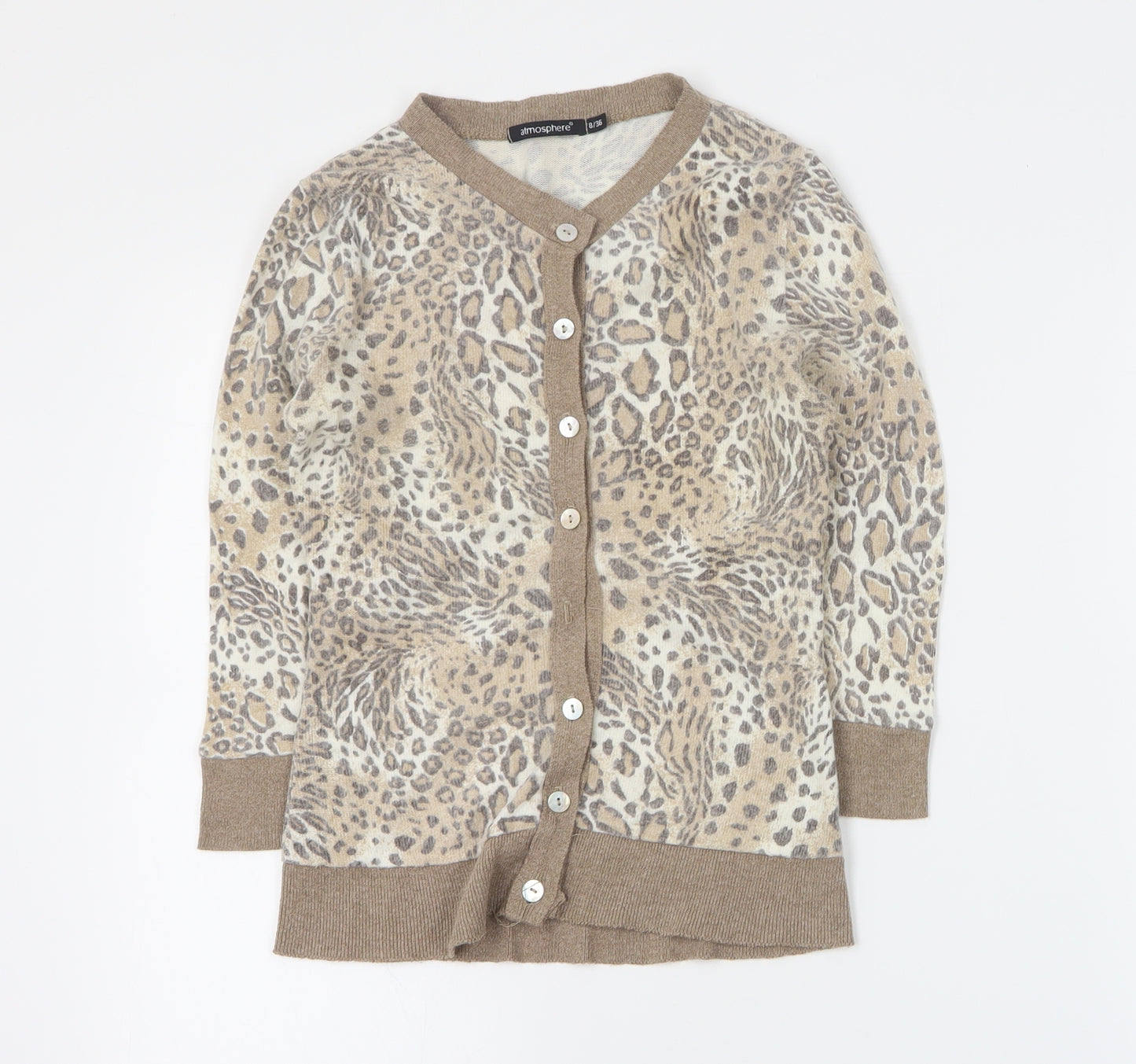 Primark Womens Brown Round Neck Animal Print Acrylic Cardigan Jumper Size 8