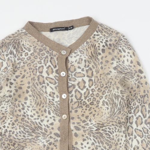 Primark Womens Brown Round Neck Animal Print Acrylic Cardigan Jumper Size 8