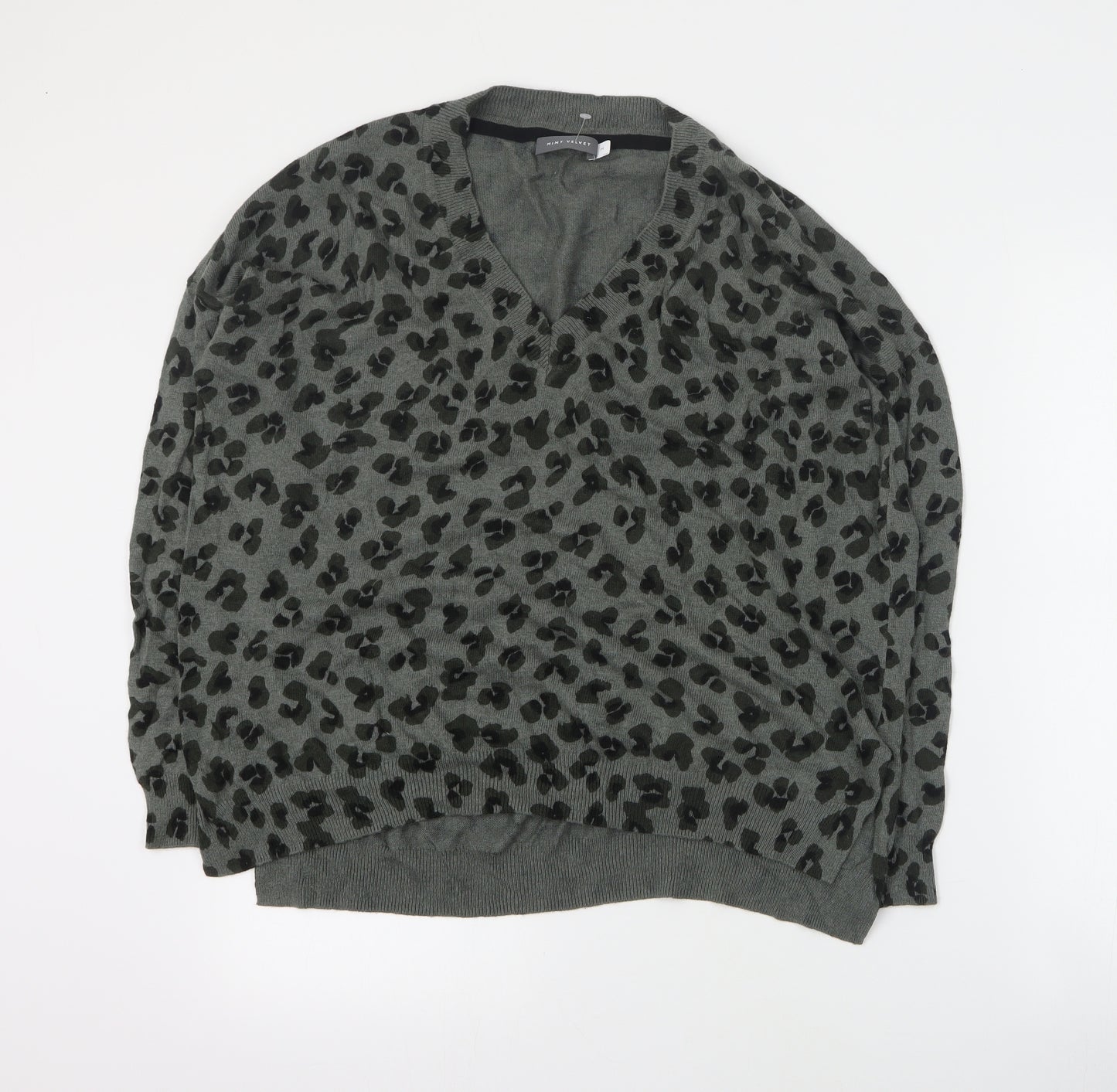 Mint Velvet Womens Green V-Neck Animal Print Cotton Pullover Jumper Size M
