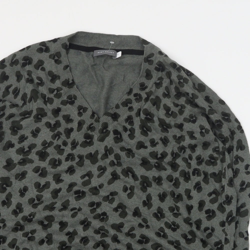 Mint Velvet Womens Green V-Neck Animal Print Cotton Pullover Jumper Size M