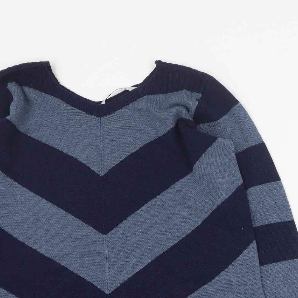 Tru Collection Womens Blue V-Neck Striped Cotton Pullover Jumper Size S