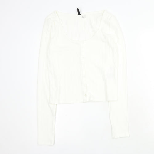 H&M Womens White  Polyester Cropped T-Shirt Size L Round Neck - Ribbed