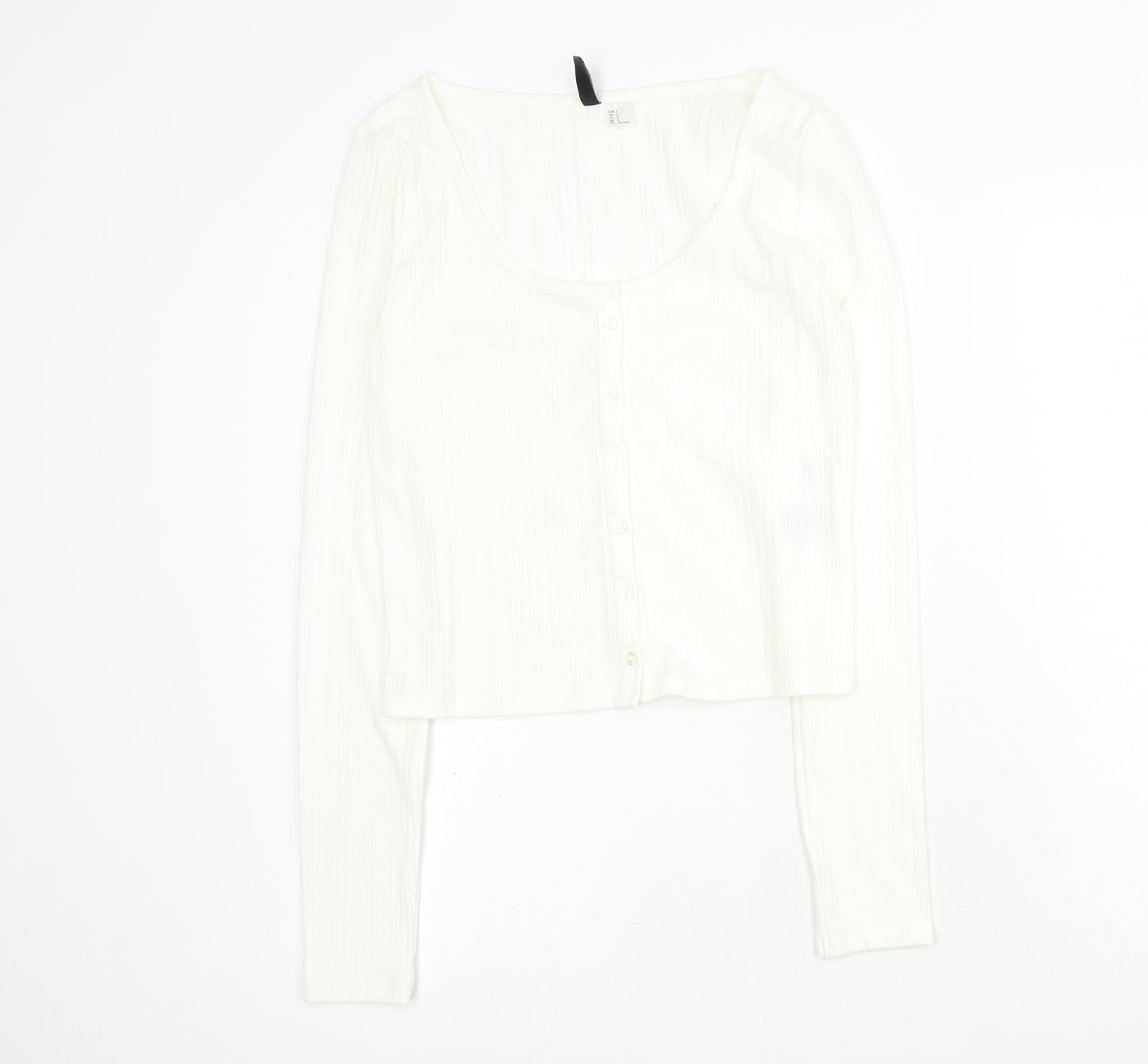 H&M Womens White  Polyester Cropped T-Shirt Size L Round Neck - Ribbed