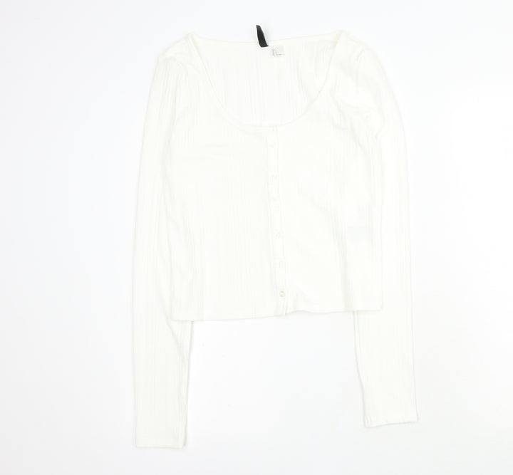 H&M Womens White  Polyester Cropped T-Shirt Size L Round Neck - Ribbed