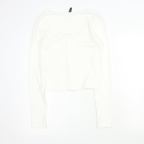 H&M Womens White  Polyester Cropped T-Shirt Size L Round Neck - Ribbed
