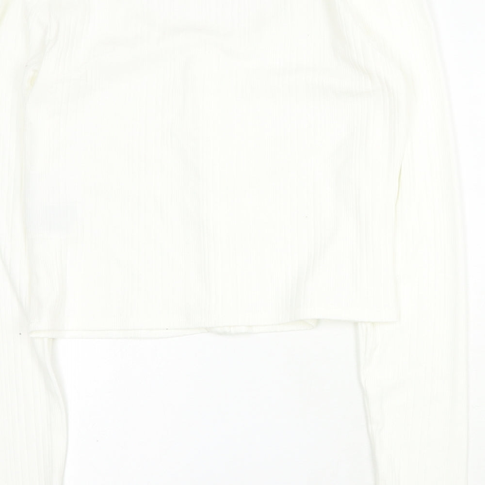 H&M Womens White  Polyester Cropped T-Shirt Size L Round Neck - Ribbed