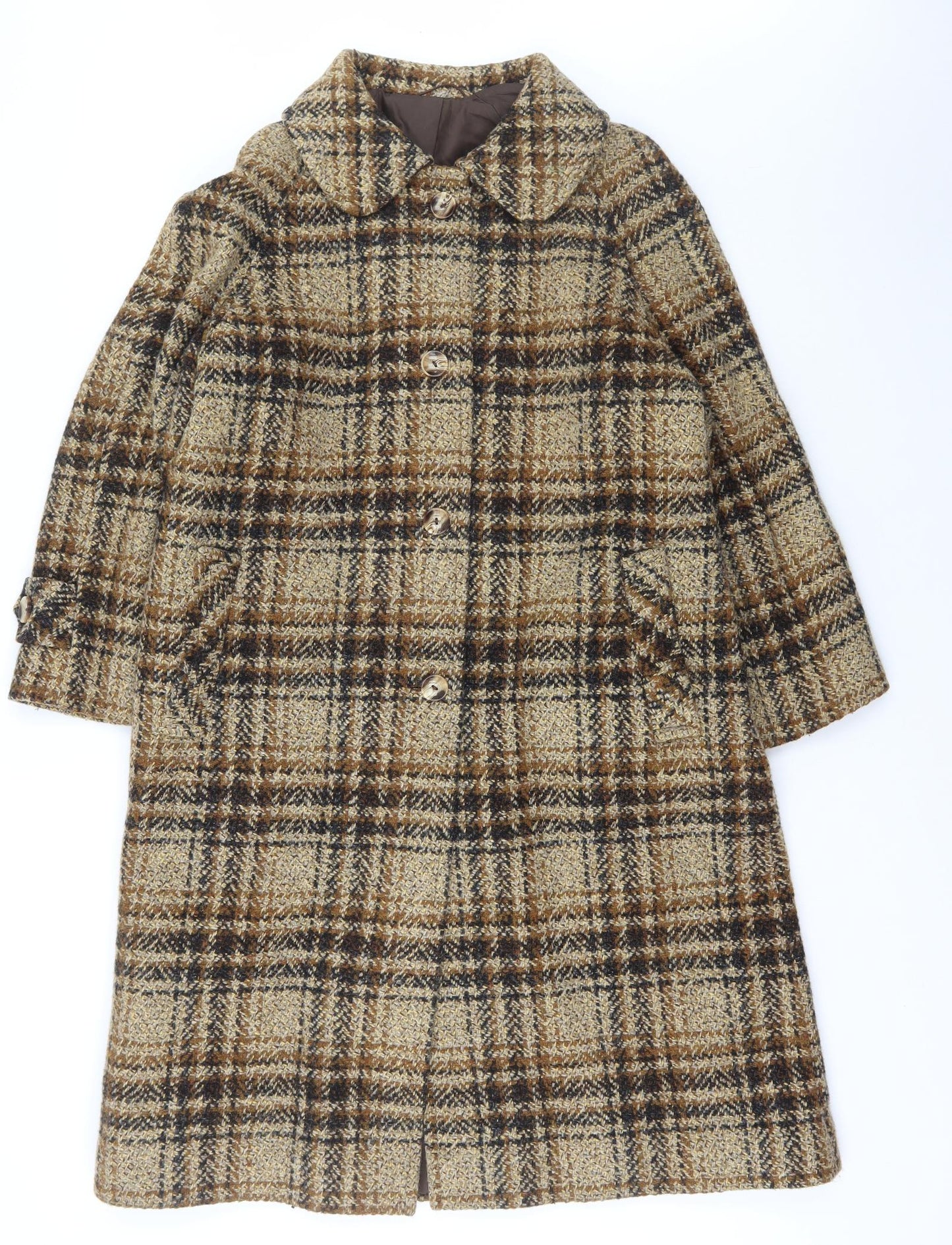 Preworn Womens Brown Plaid  Overcoat Coat Size L