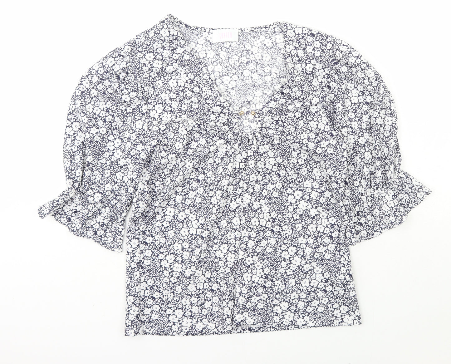 Savida Womens Blue Floral Polyester Basic Blouse Size L V-Neck