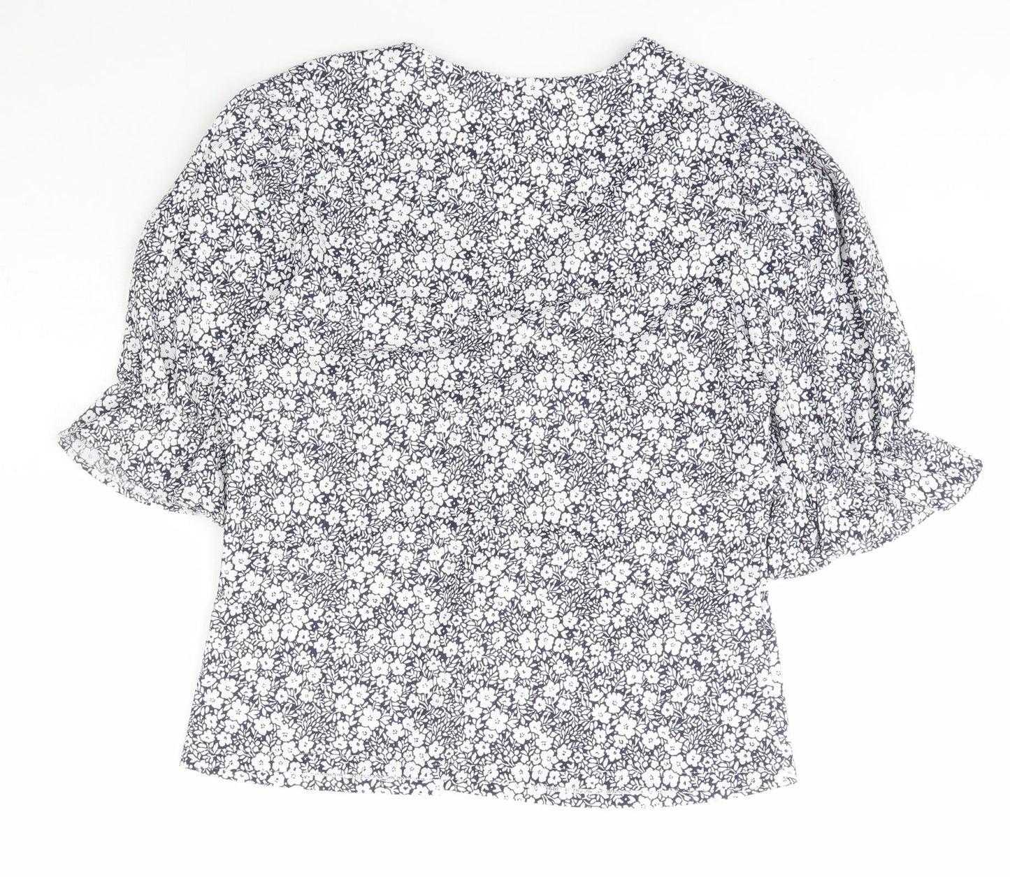 Savida Womens Blue Floral Polyester Basic Blouse Size L V-Neck