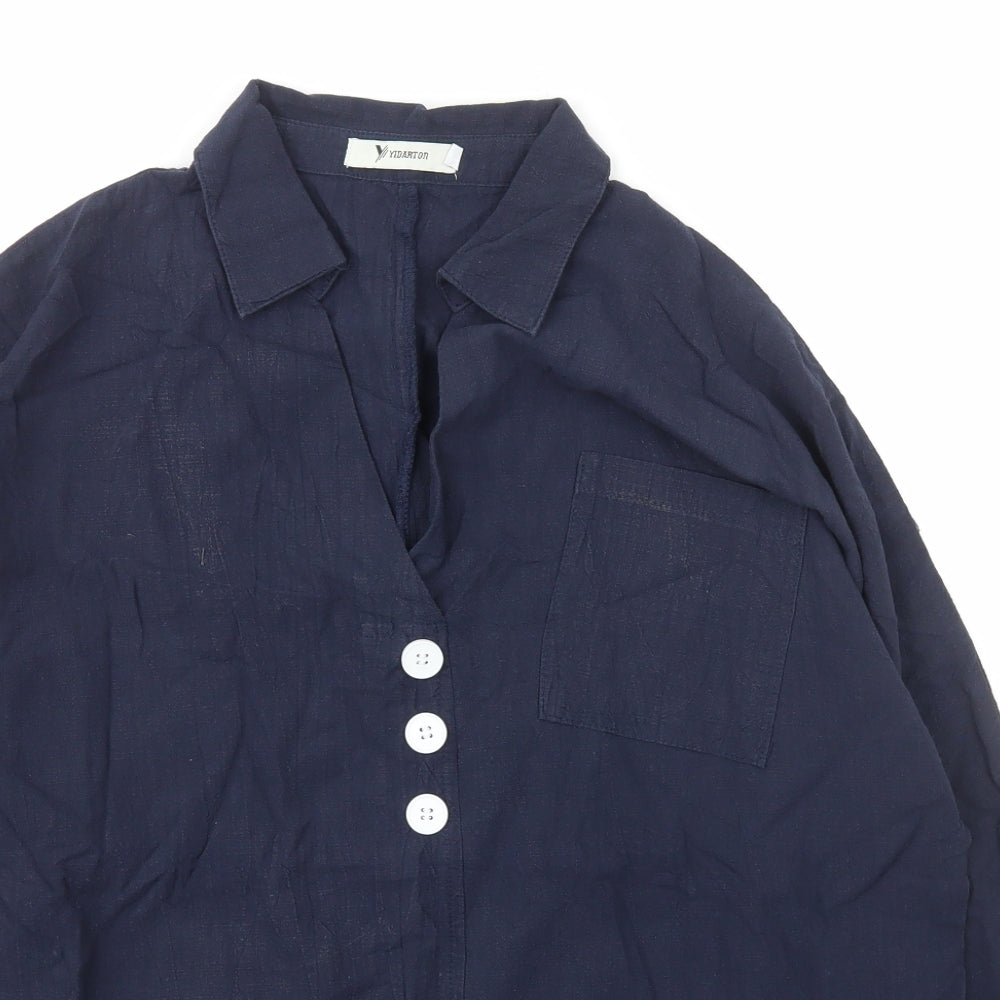 Yidarton Womens Blue  Linen Kimono T-Shirt Size L Collared