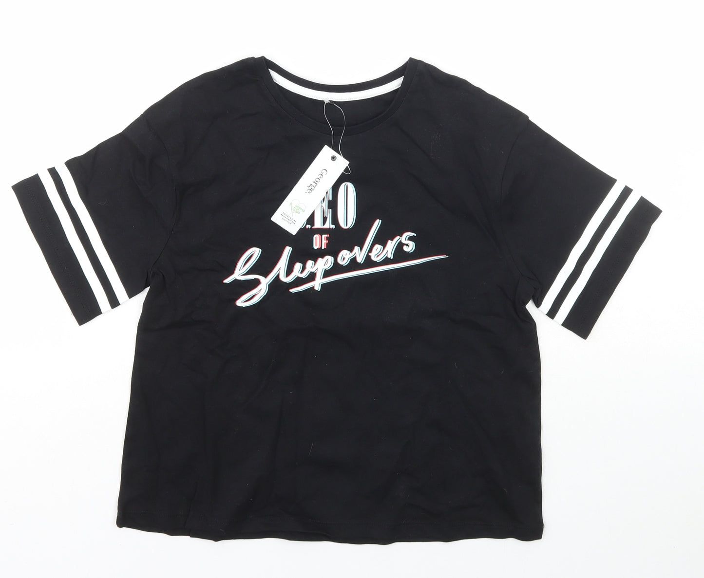 George Girls Black Striped Cotton Basic T-Shirt Size 11-12 Years Scoop Neck