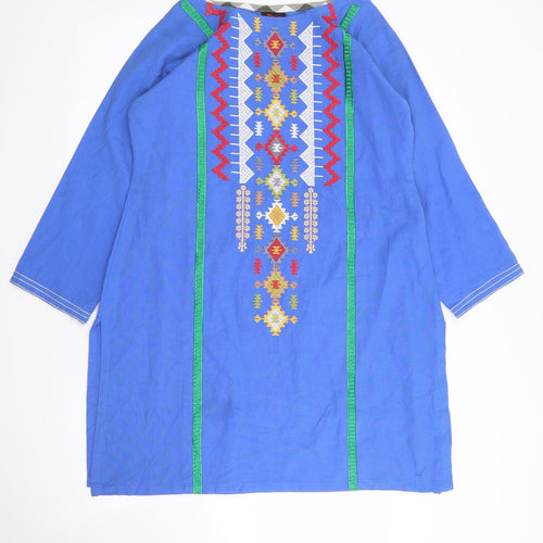 Much More Womens Blue Geometric Polyester Tunic Blouse Size 6 Round Neck