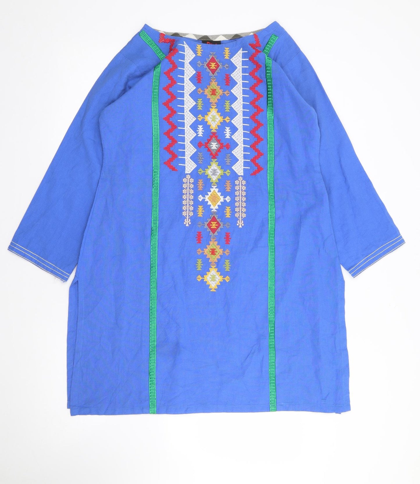 Much More Womens Blue Geometric Polyester Tunic Blouse Size 6 Round Neck