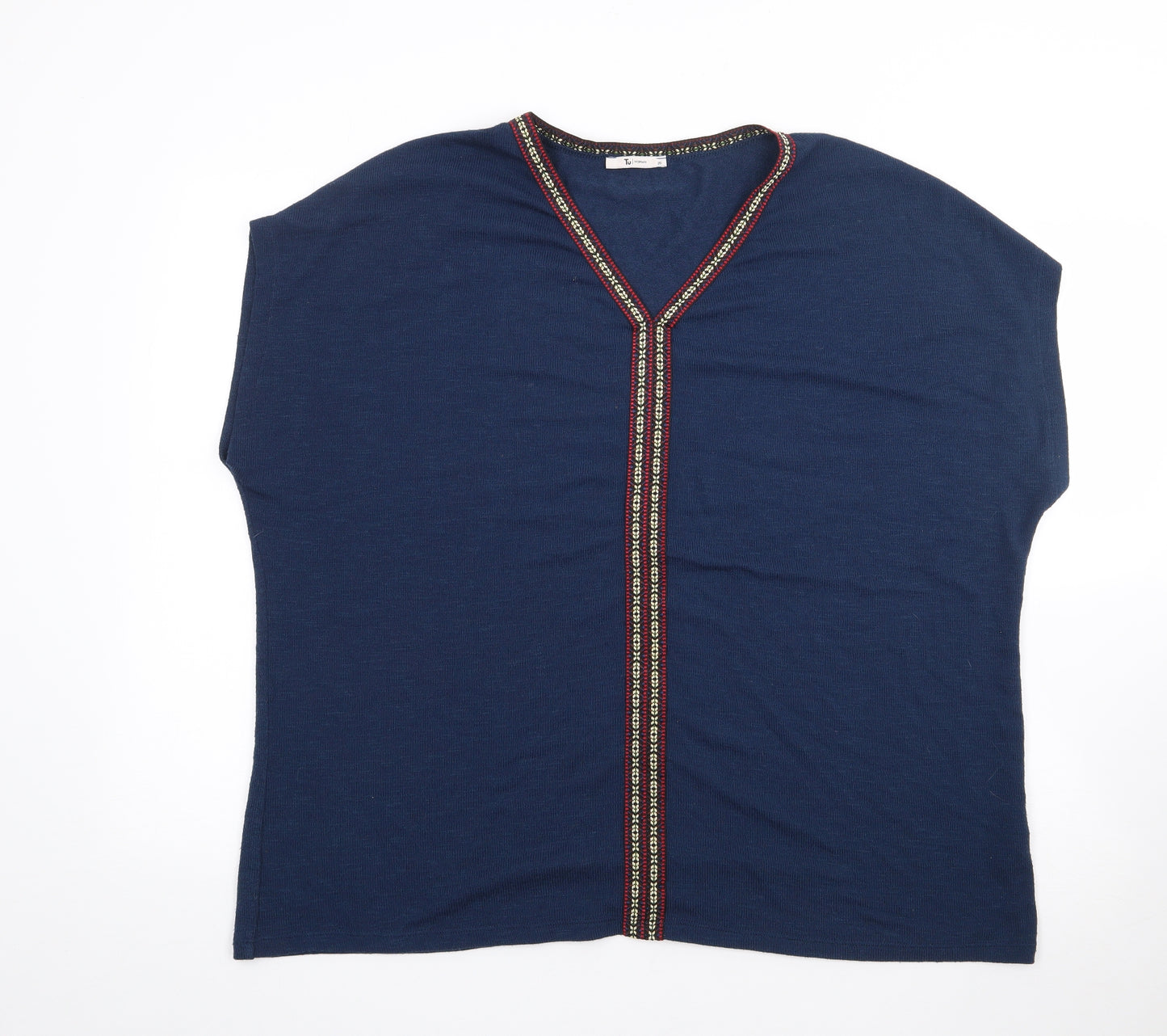 TU Womens Blue Geometric Polyester Jersey T-Shirt Size 20 V-Neck