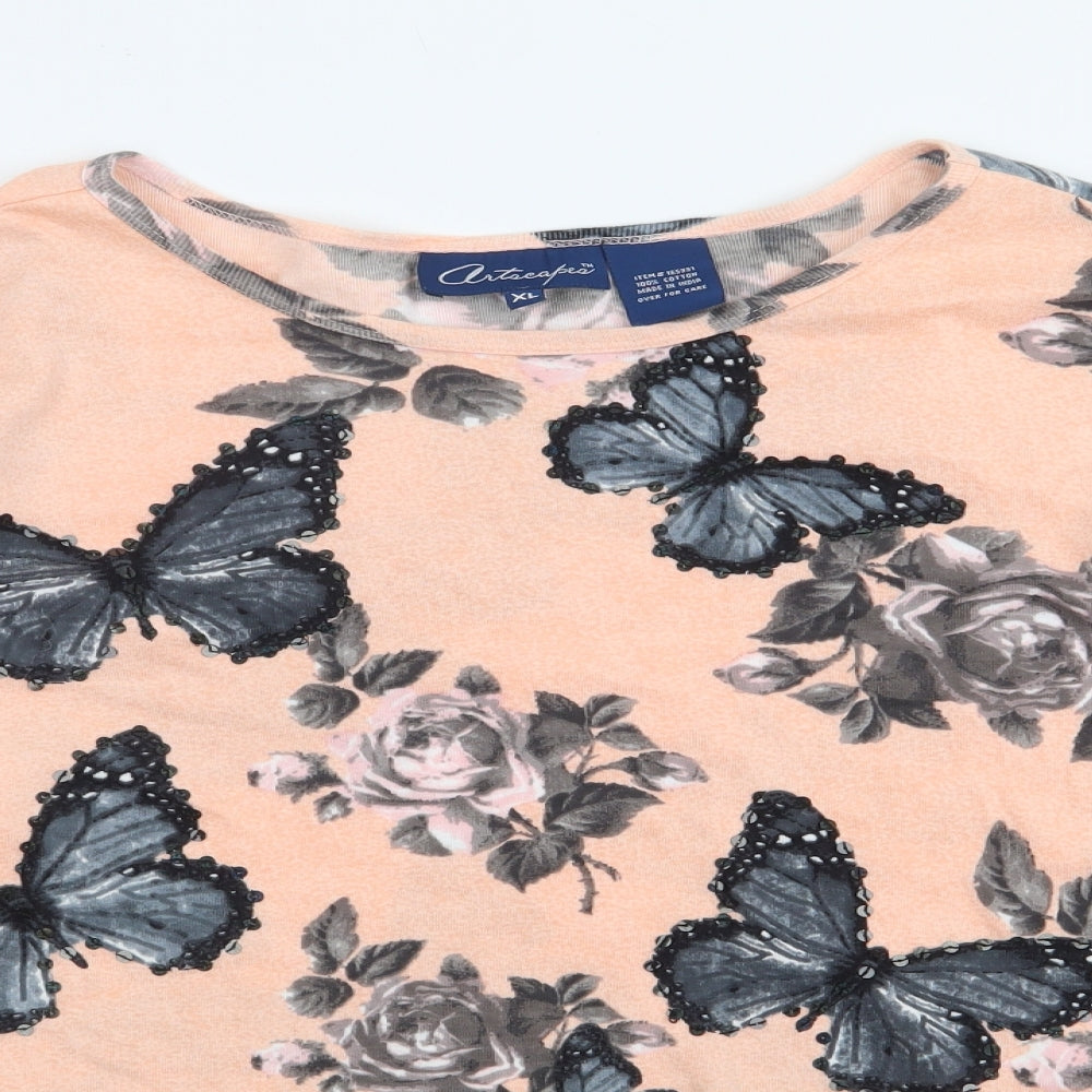 Artscapea Womens Pink Floral 100% Cotton Jersey T-Shirt Size XL Scoop Neck - Butterfly