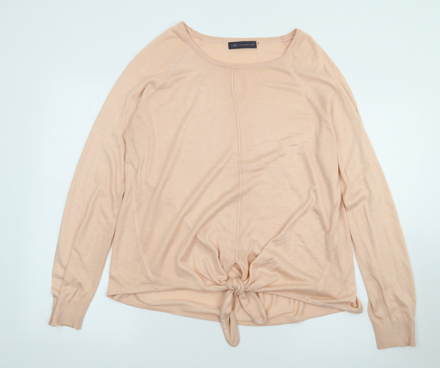 Marks and Spencer Womens Orange  Acrylic Jersey T-Shirt Size L Round Neck - Tie Front