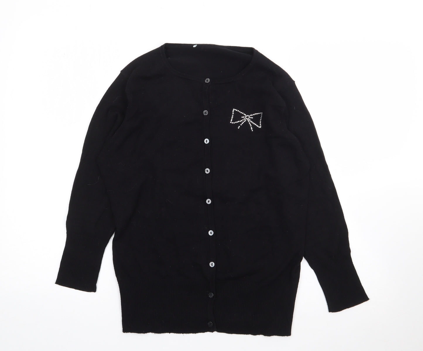 Preworn Womens Black Round Neck  Acrylic Cardigan Jumper Size S   - Bow