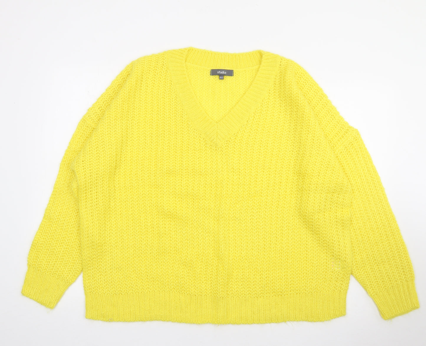Studio Womens Yellow V-Neck  Acrylic Pullover Jumper Size 20