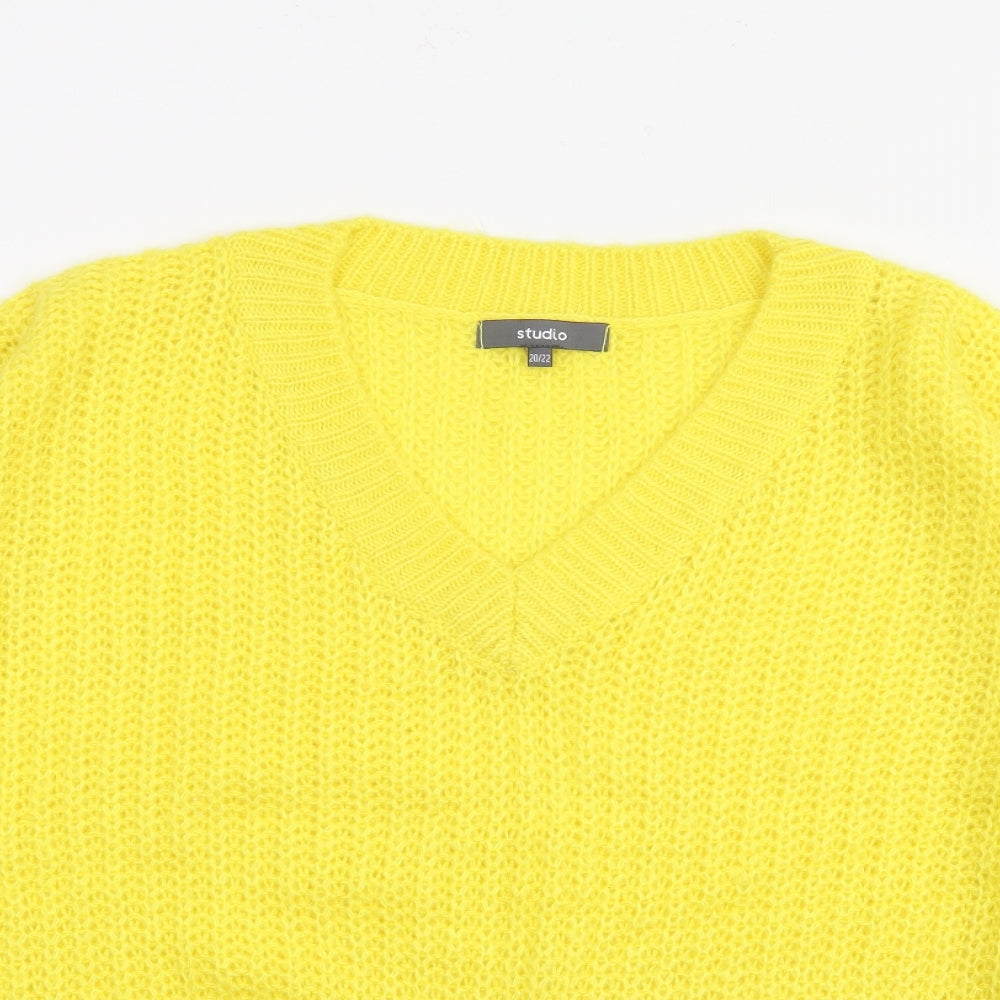 Studio Womens Yellow V-Neck  Acrylic Pullover Jumper Size 20