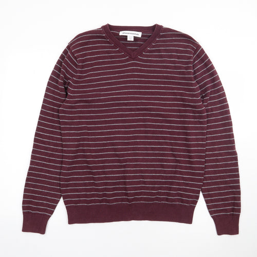 Amazon Essentials Mens Red V-Neck Striped Cotton Pullover Jumper Size M
