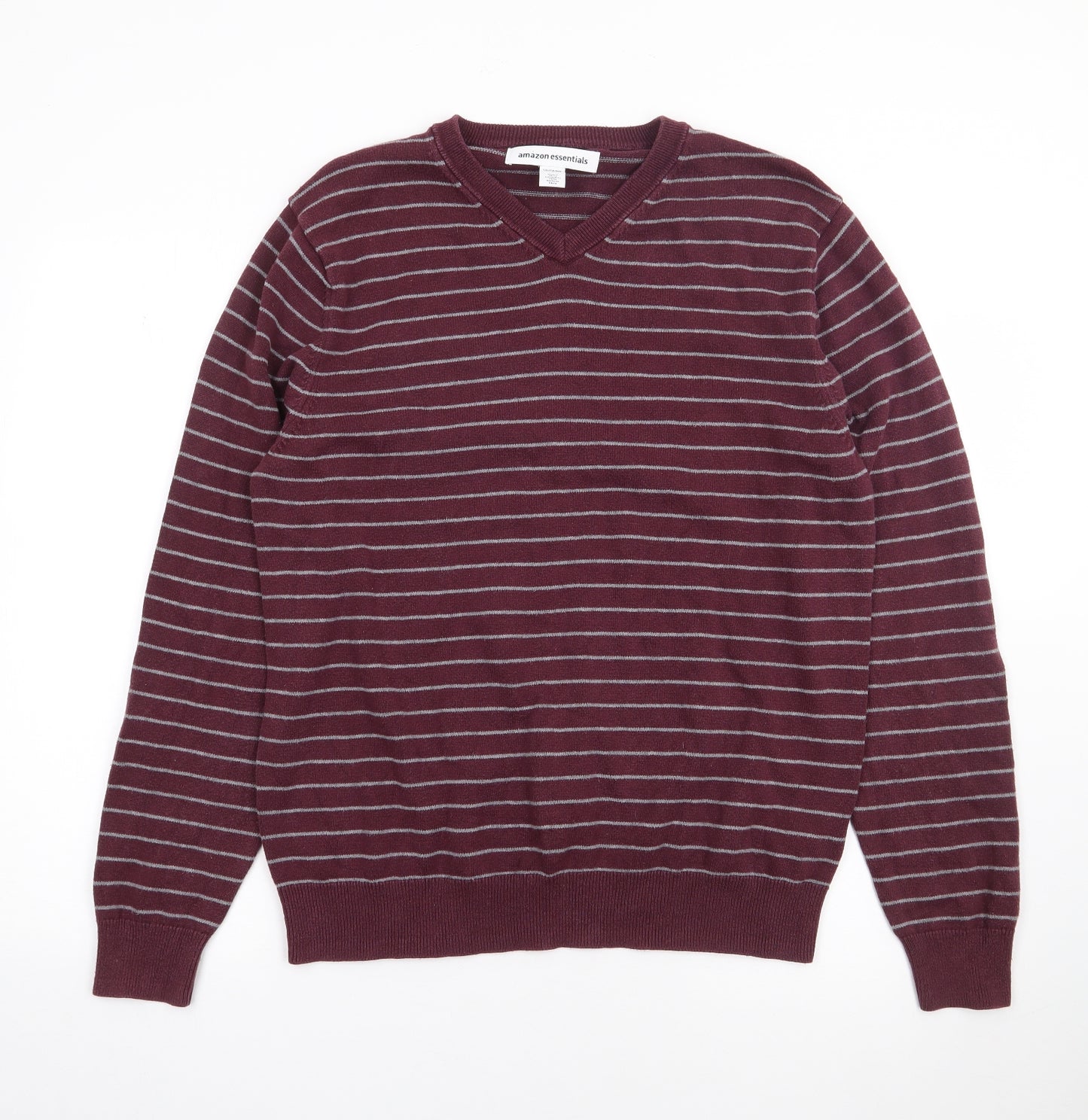 Amazon Essentials Mens Red V-Neck Striped Cotton Pullover Jumper Size M
