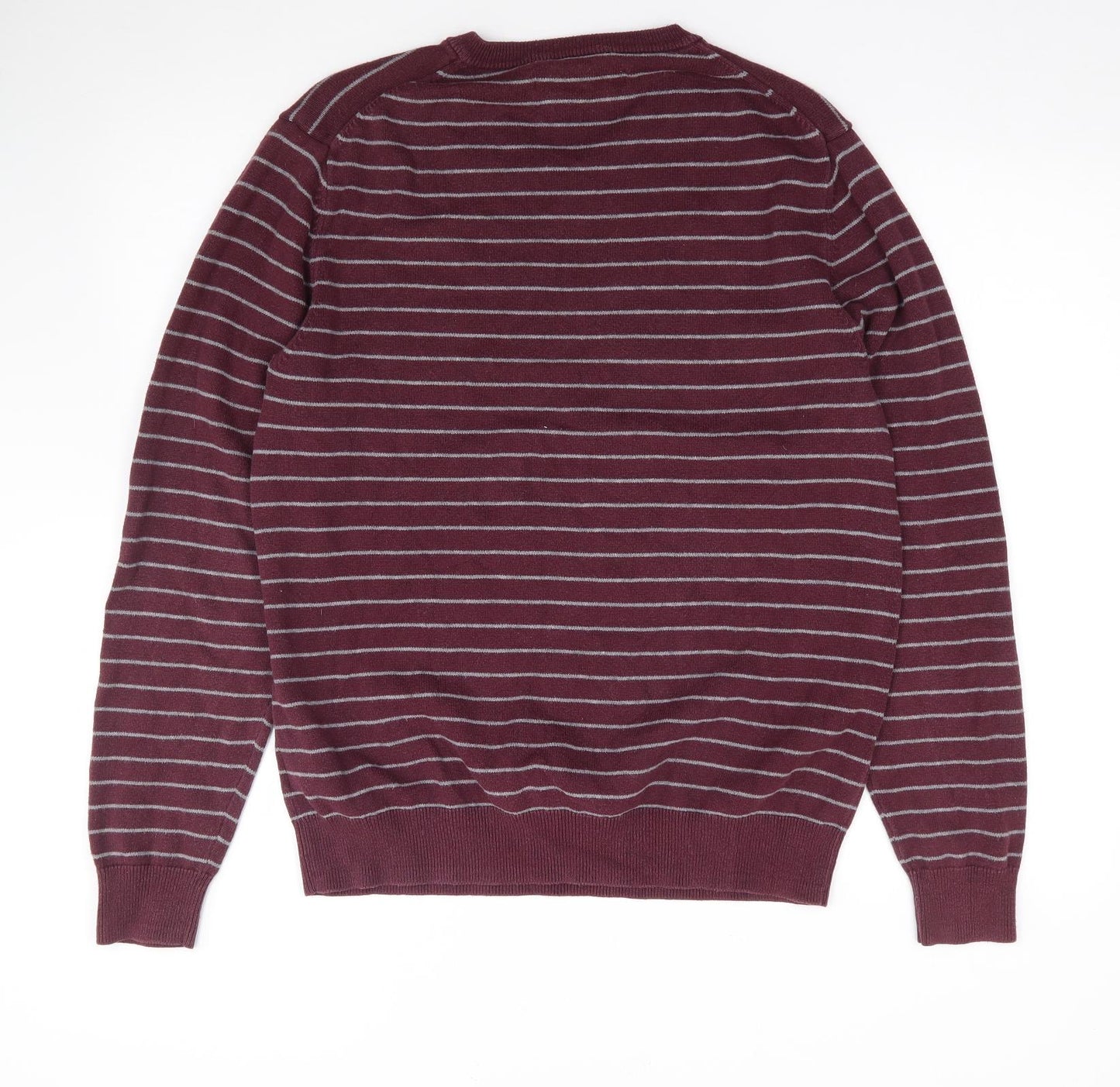 Amazon Essentials Mens Red V-Neck Striped Cotton Pullover Jumper Size M