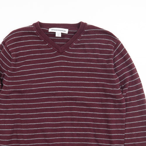 Amazon Essentials Mens Red V-Neck Striped Cotton Pullover Jumper Size M
