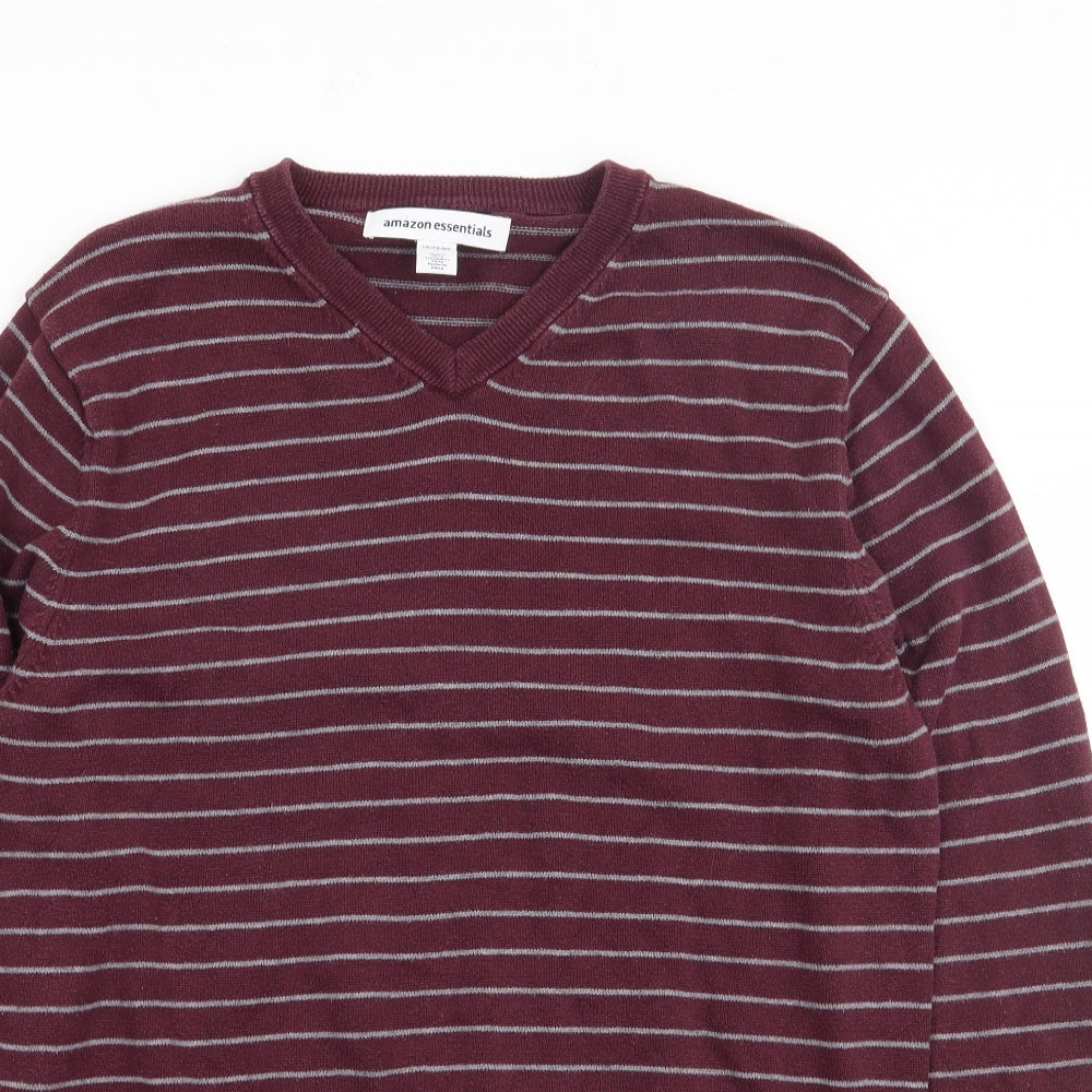 Amazon Essentials Mens Red V-Neck Striped Cotton Pullover Jumper Size M