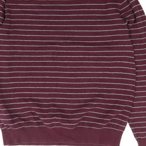 Amazon Essentials Mens Red V-Neck Striped Cotton Pullover Jumper Size M