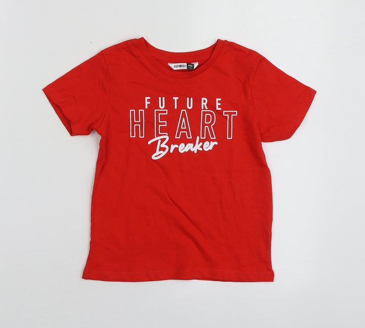 Pepco Boys Red Geometric Cotton Basic T-Shirt Size 3-4 Years Round Neck
