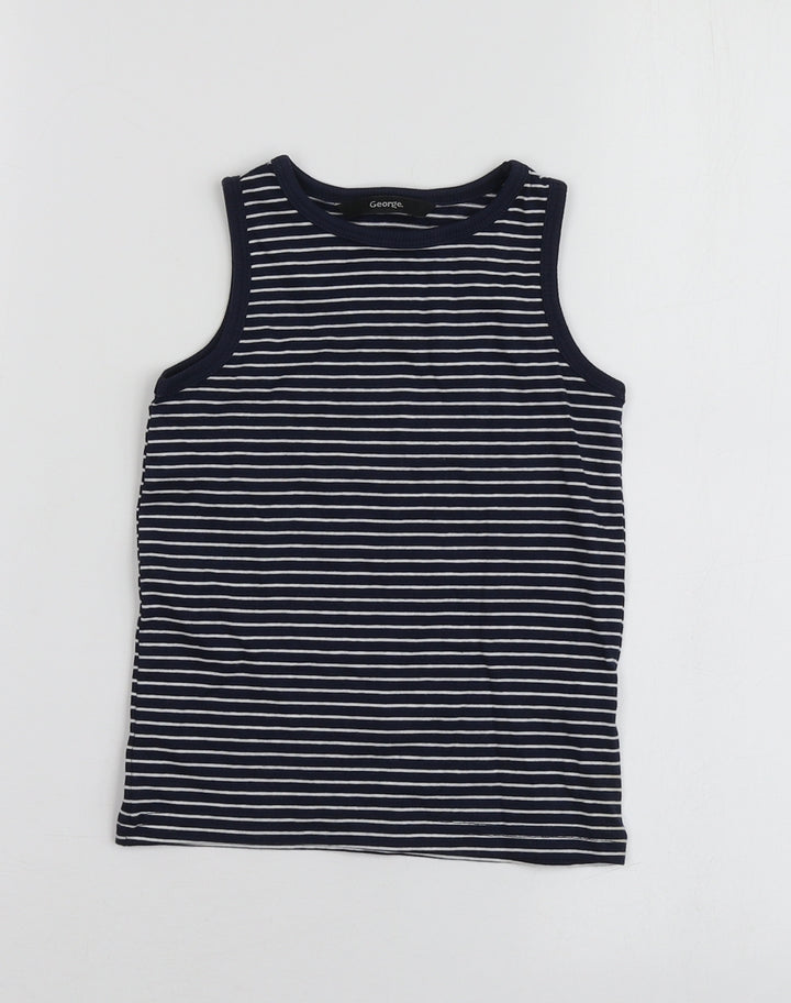 George Boys Blue Striped Cotton Basic T-Shirt Size 2 Years Round Neck