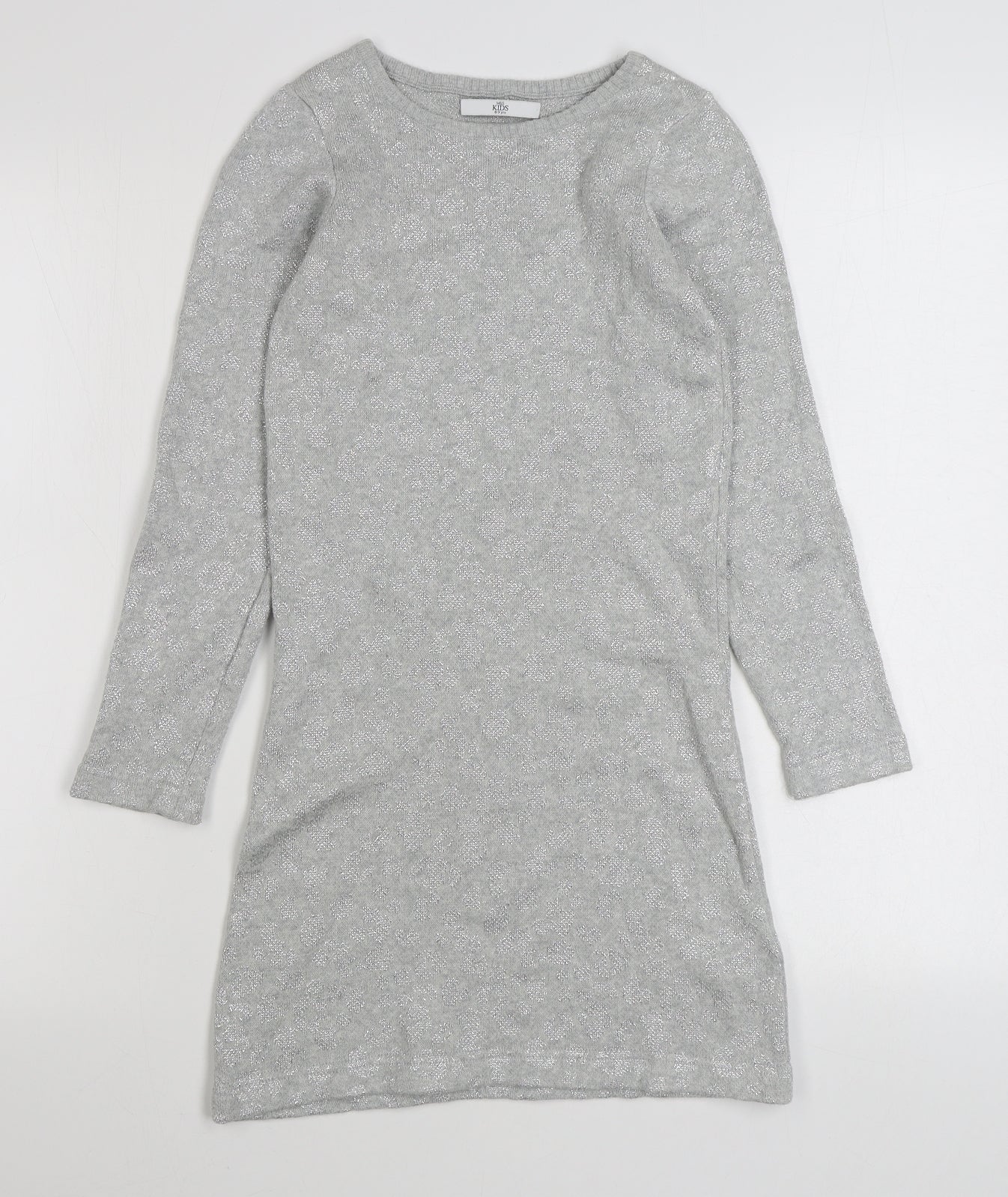 Marks and Spencer Girls Grey Geometric Cotton Jumper Dress  Size 8-9 Years  Boat Neck Pullover