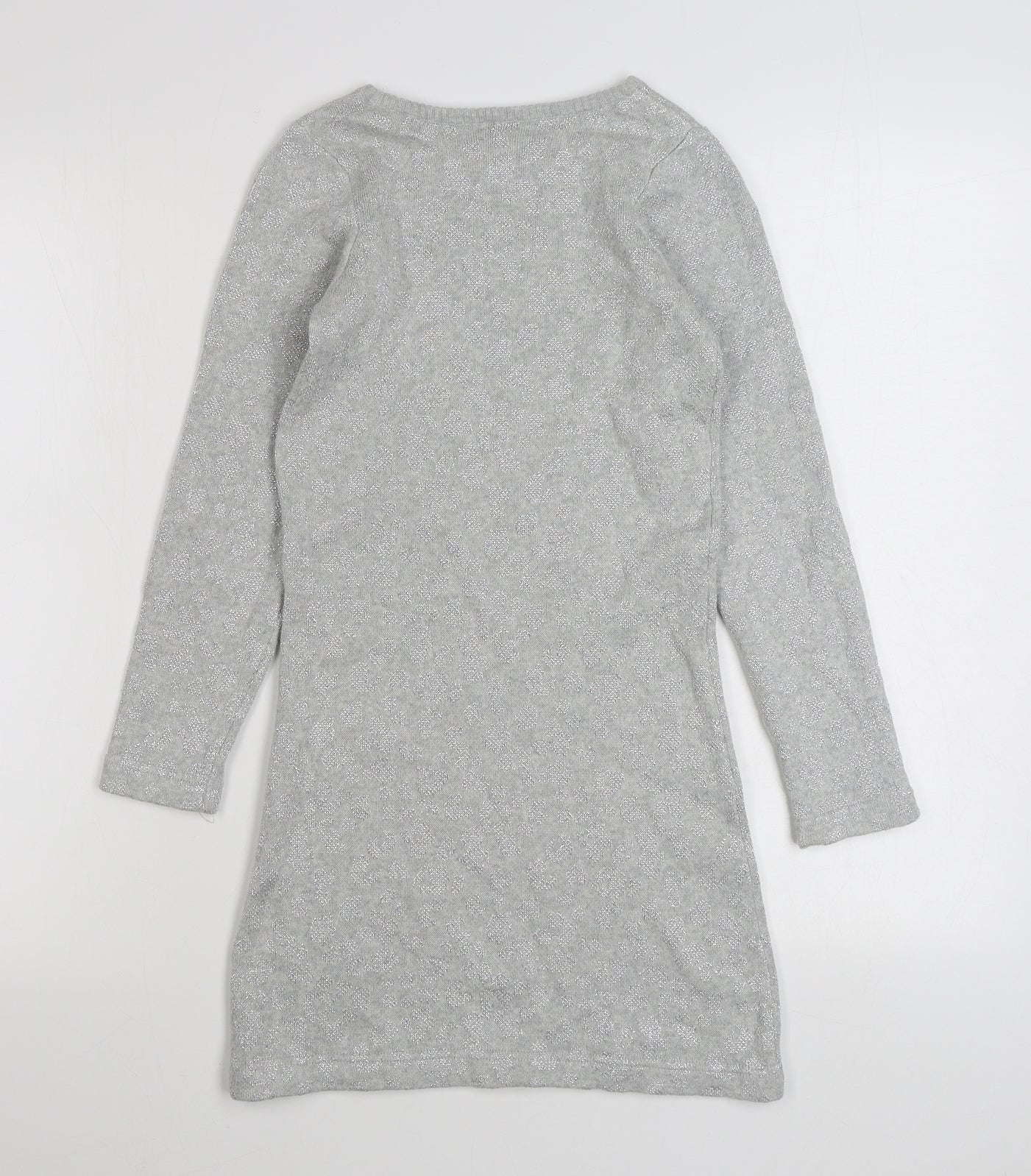 Marks and Spencer Girls Grey Geometric Cotton Jumper Dress  Size 8-9 Years  Boat Neck Pullover