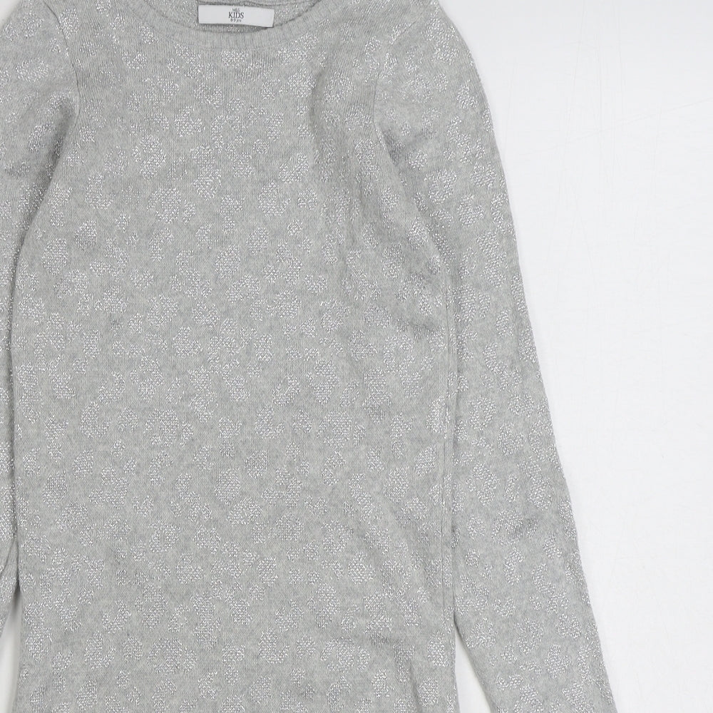 Marks and Spencer Girls Grey Geometric Cotton Jumper Dress  Size 8-9 Years  Boat Neck Pullover
