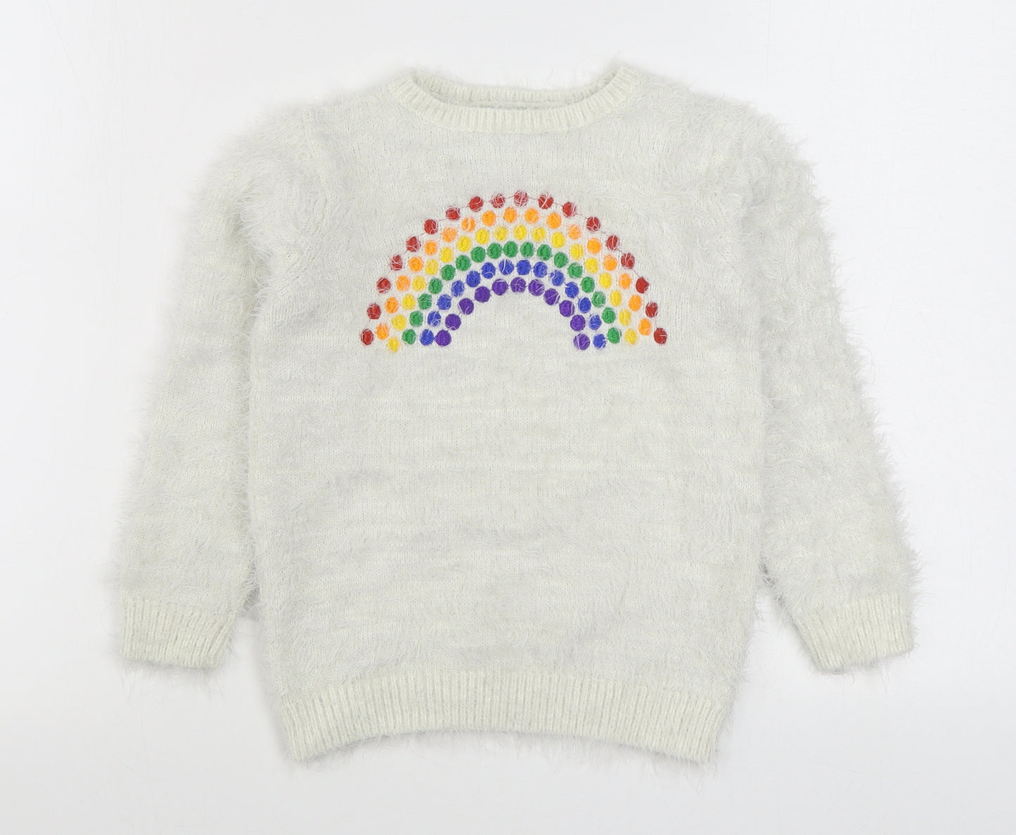 BHS Girls White Round Neck  Polyester Pullover Jumper Size 7-8 Years  Pullover