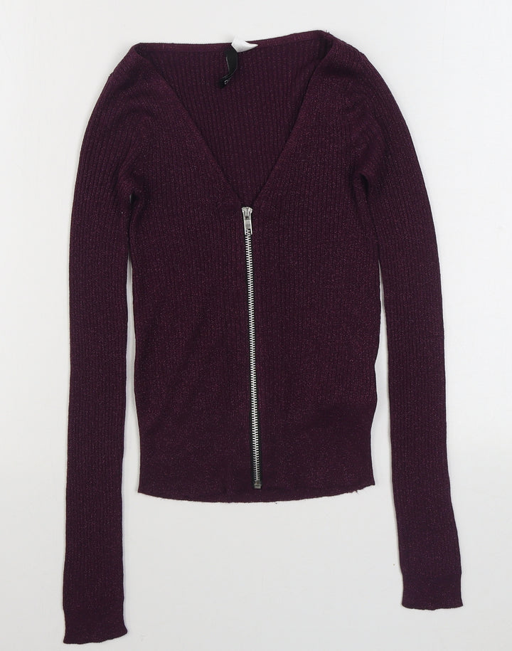 H&M Womens Purple V-Neck Viscose Pullover Jumper Size XS
