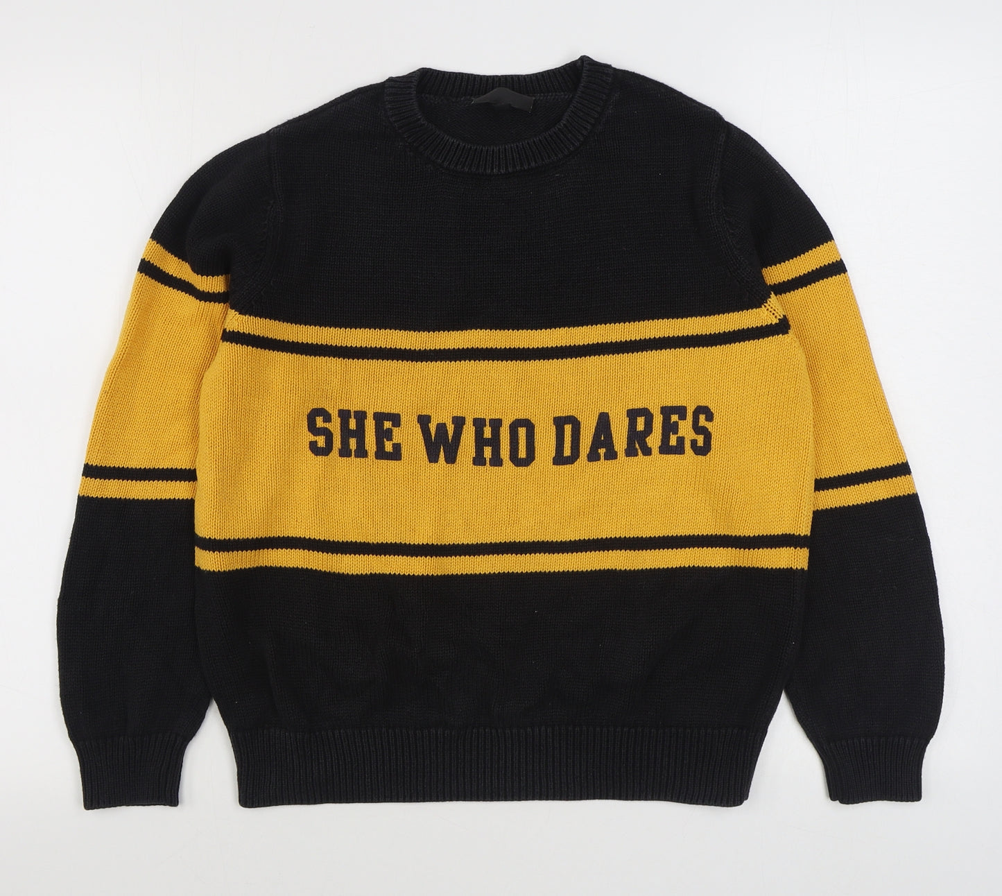 Topshop Womens Black Round Neck Striped Cotton Pullover Jumper Size 6