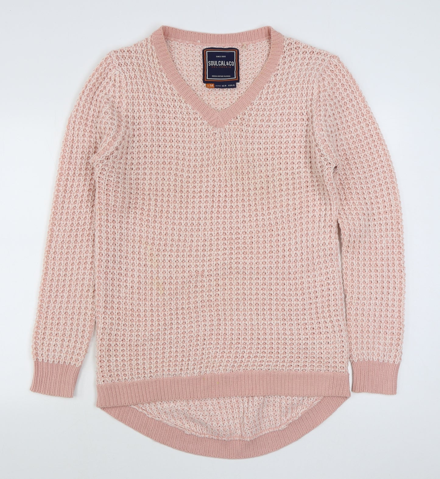 SoulCal&Co Womens Pink V-Neck  Acrylic Pullover Jumper Size 14