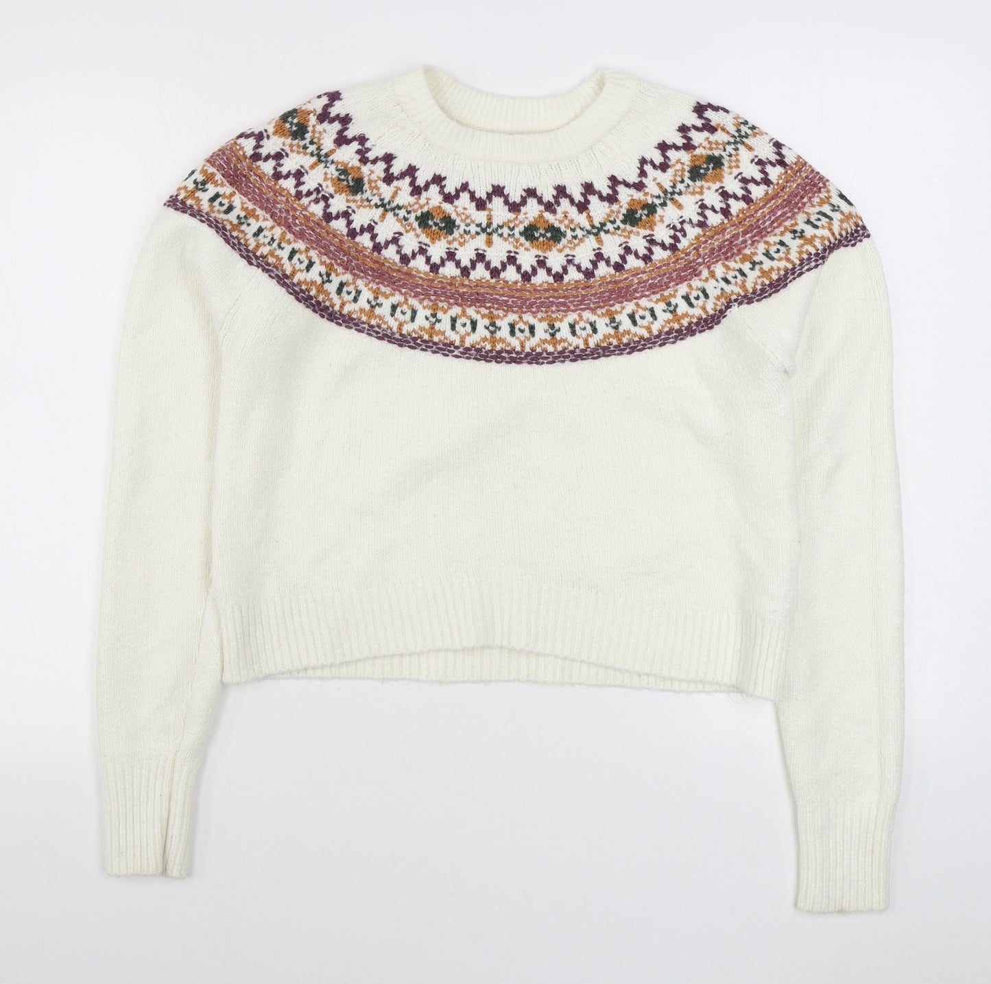 Pull&Bear Womens White Round Neck Fair Isle Acrylic Pullover Jumper Size S