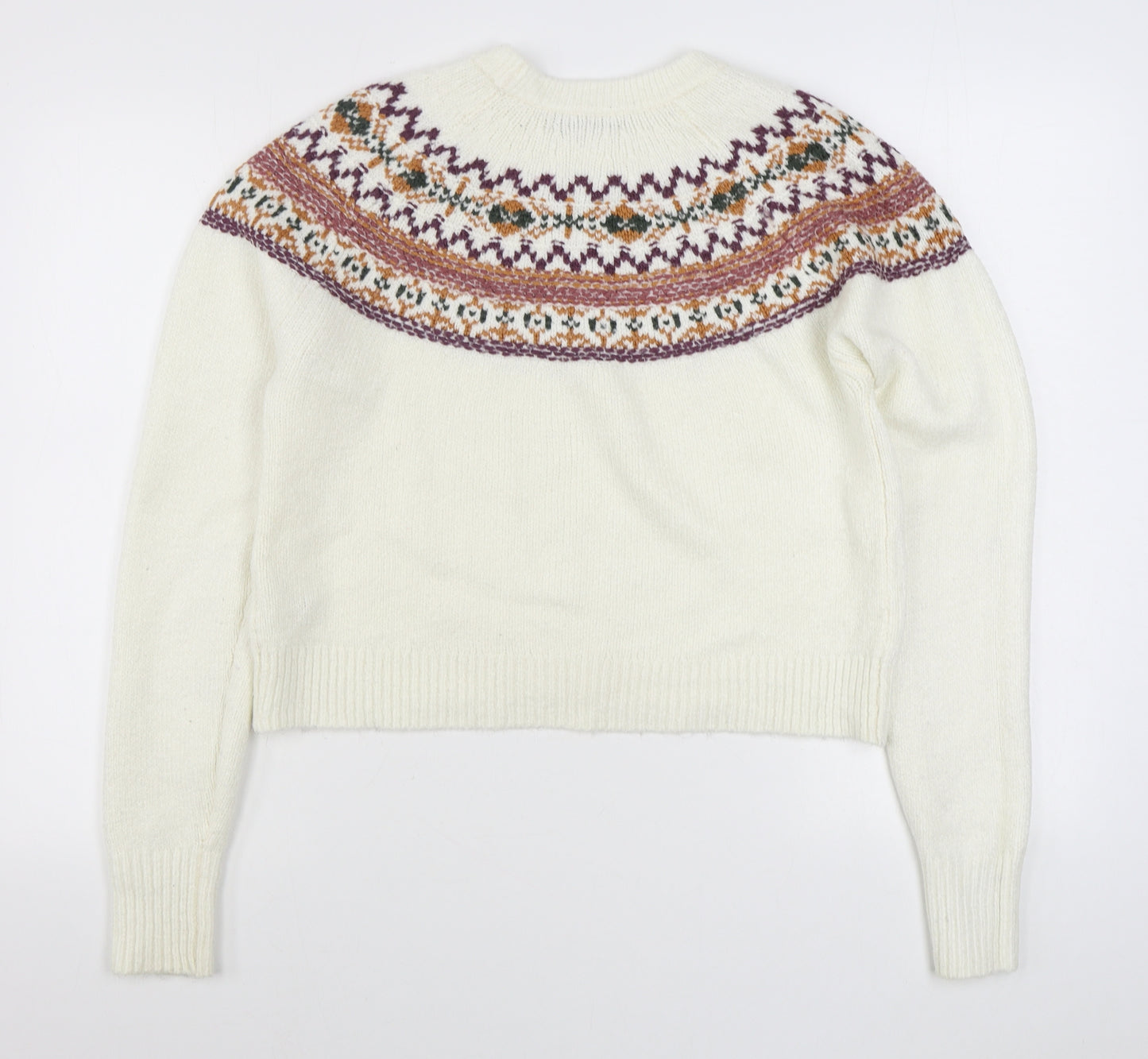 Pull&Bear Womens White Round Neck Fair Isle Acrylic Pullover Jumper Size S